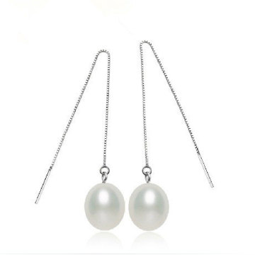 8-9mm Long Line Silver Drop Pearl Earring